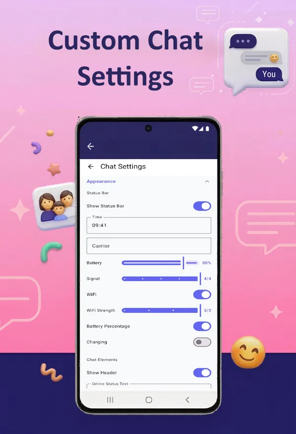 Custom chat settings: status bar, battery and signal